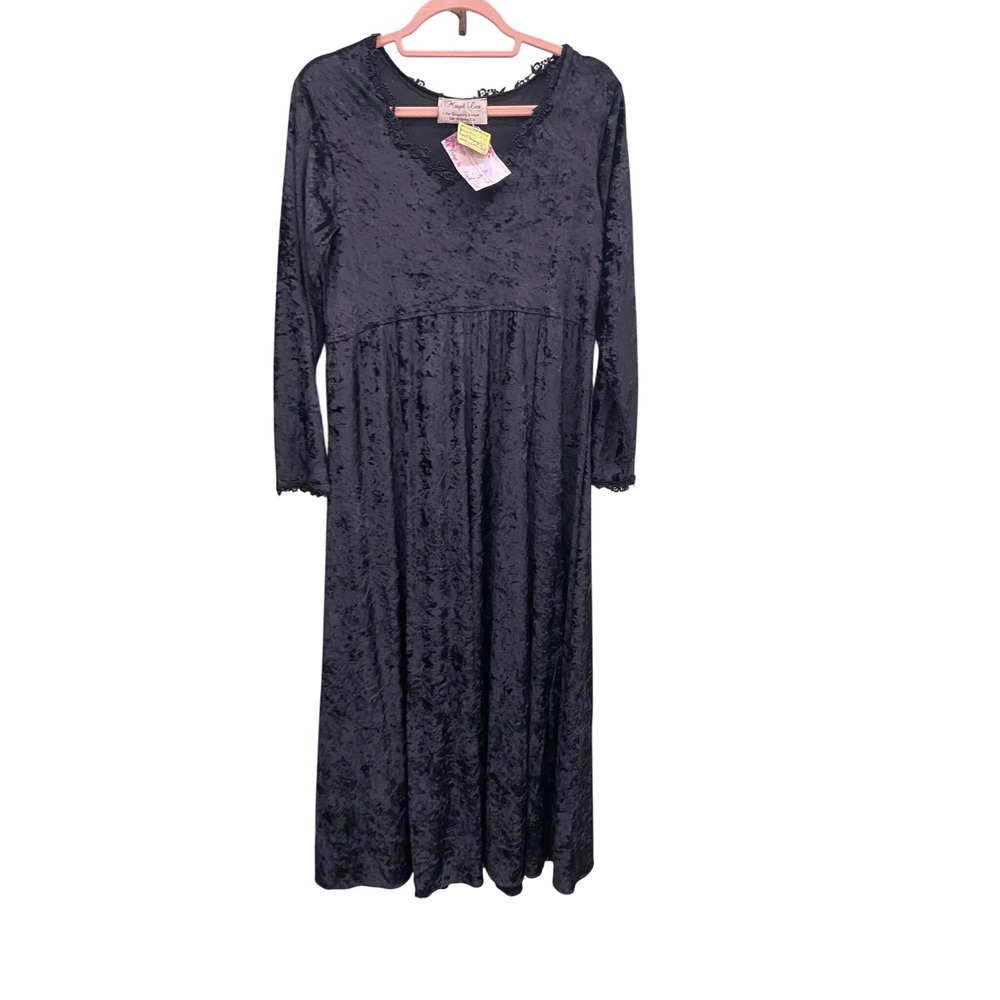Margot Lea Vintage Black Crushed Velvet Lace Trim Maxi Dress witch Goth O/S